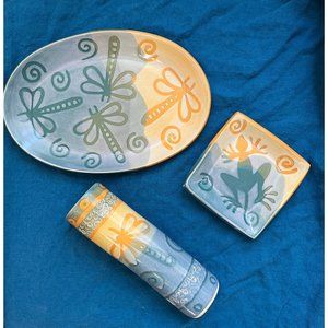 Hawksbill Pottery Scott Supraner Art Signed Dragonfly Fish Gecko Platter Dish